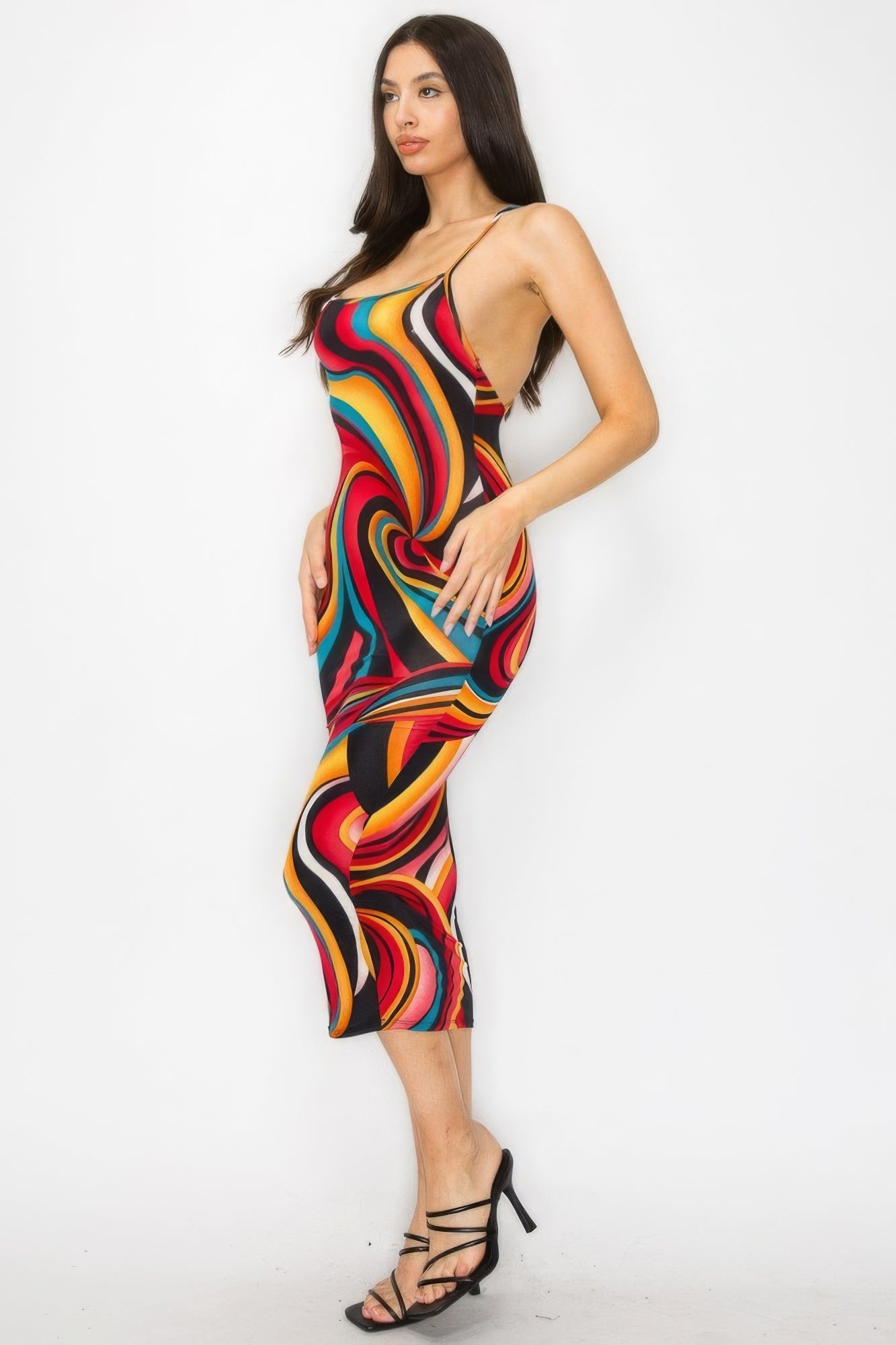 Crossed Back Marble Print Multicolor Midi Dress - ShopEasier