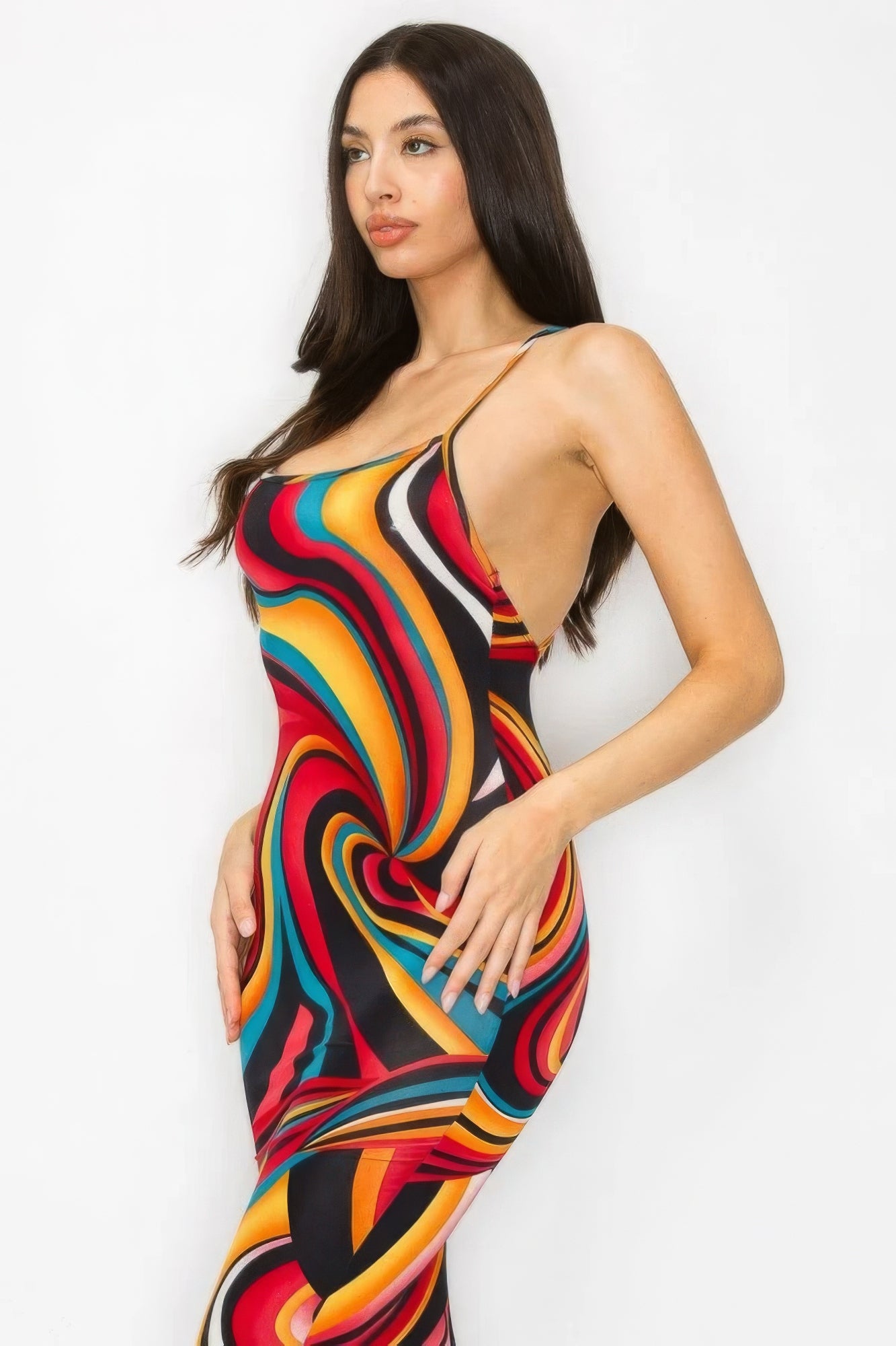 Crossed Back Marble Print Multicolor Midi Dress - ShopEasier