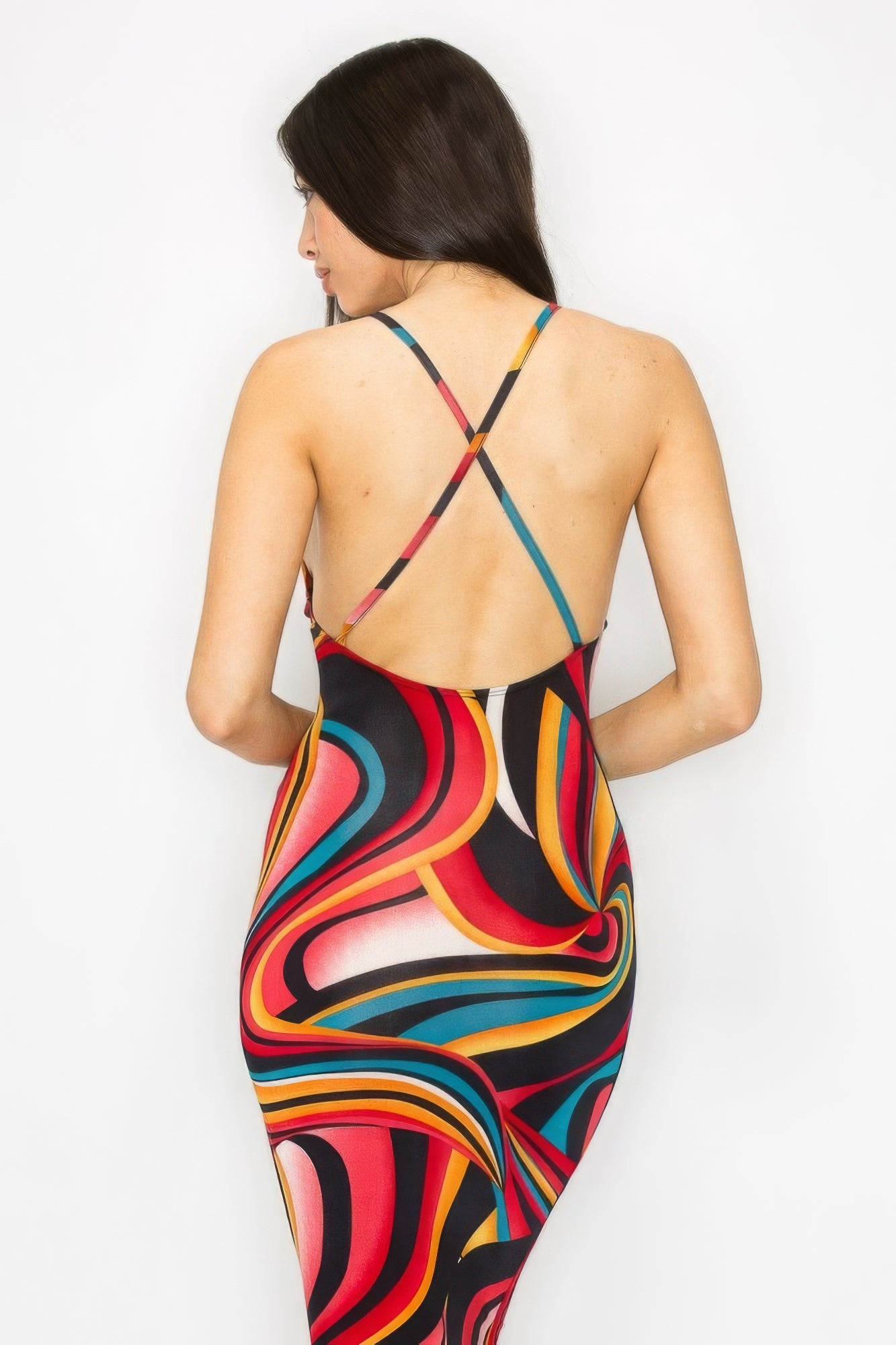 Crossed Back Marble Print Multicolor Midi Dress - ShopEasier