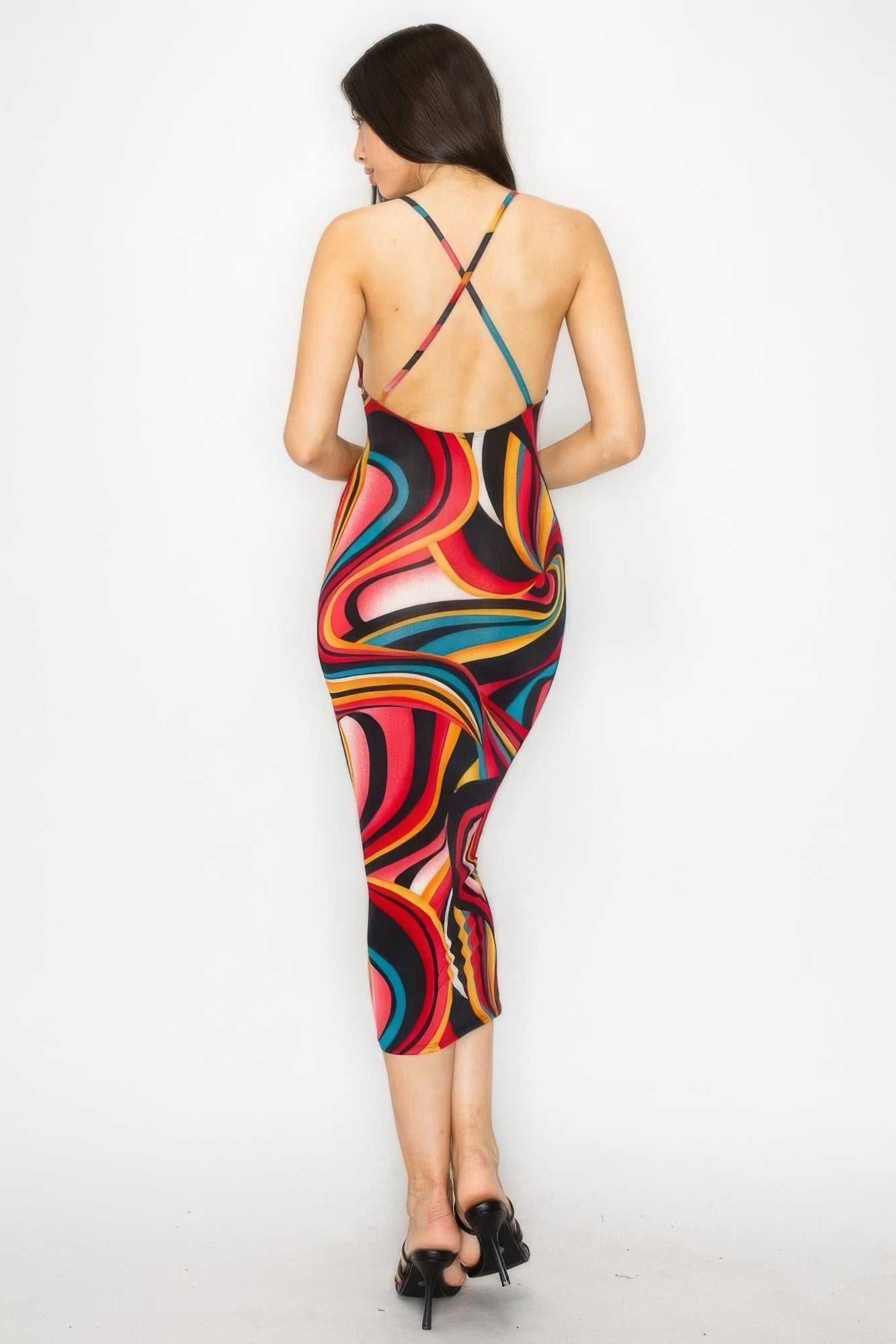 Crossed Back Marble Print Multicolor Midi Dress - ShopEasier