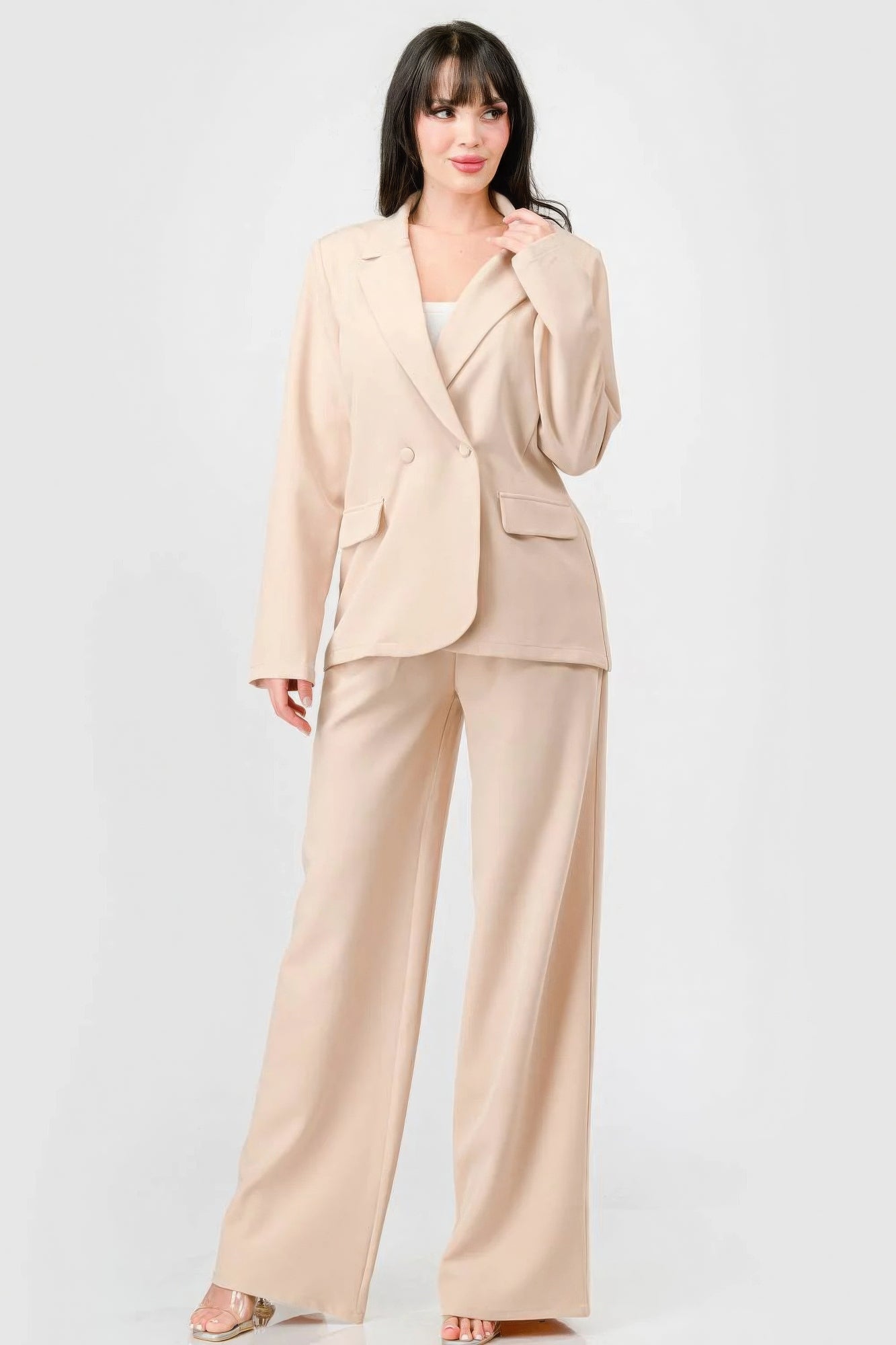 Luxe Stretch Woven Loose Fit Blazer And Wide Legs Pants Semi Formal Set - ShopEasier