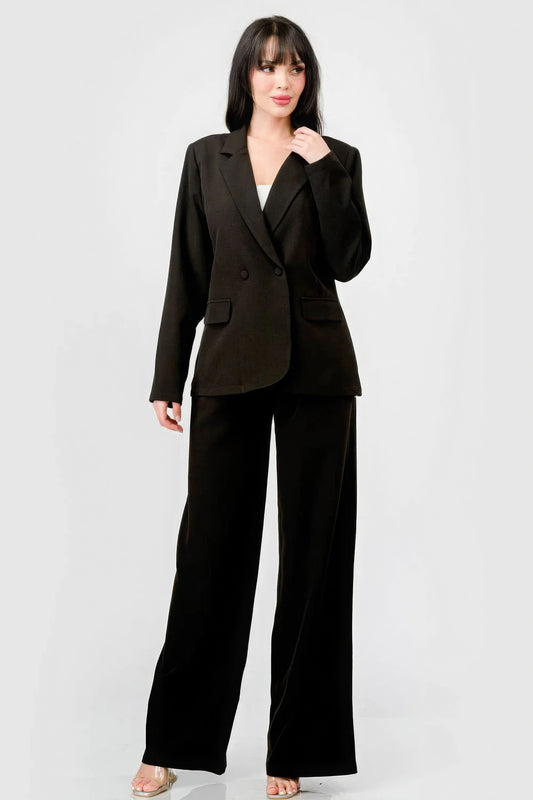 Luxe Stretch Woven Loose Fit Blazer And Wide Legs Pants Semi Formal Set - ShopEasier