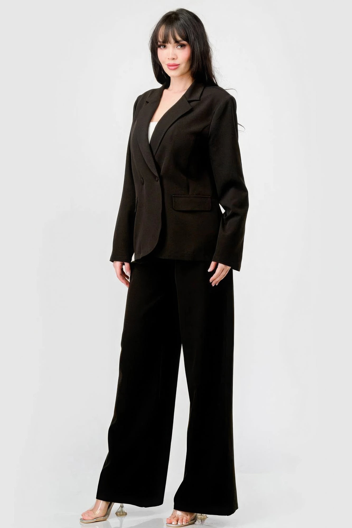 Luxe Stretch Woven Loose Fit Blazer And Wide Legs Pants Semi Formal Set - ShopEasier