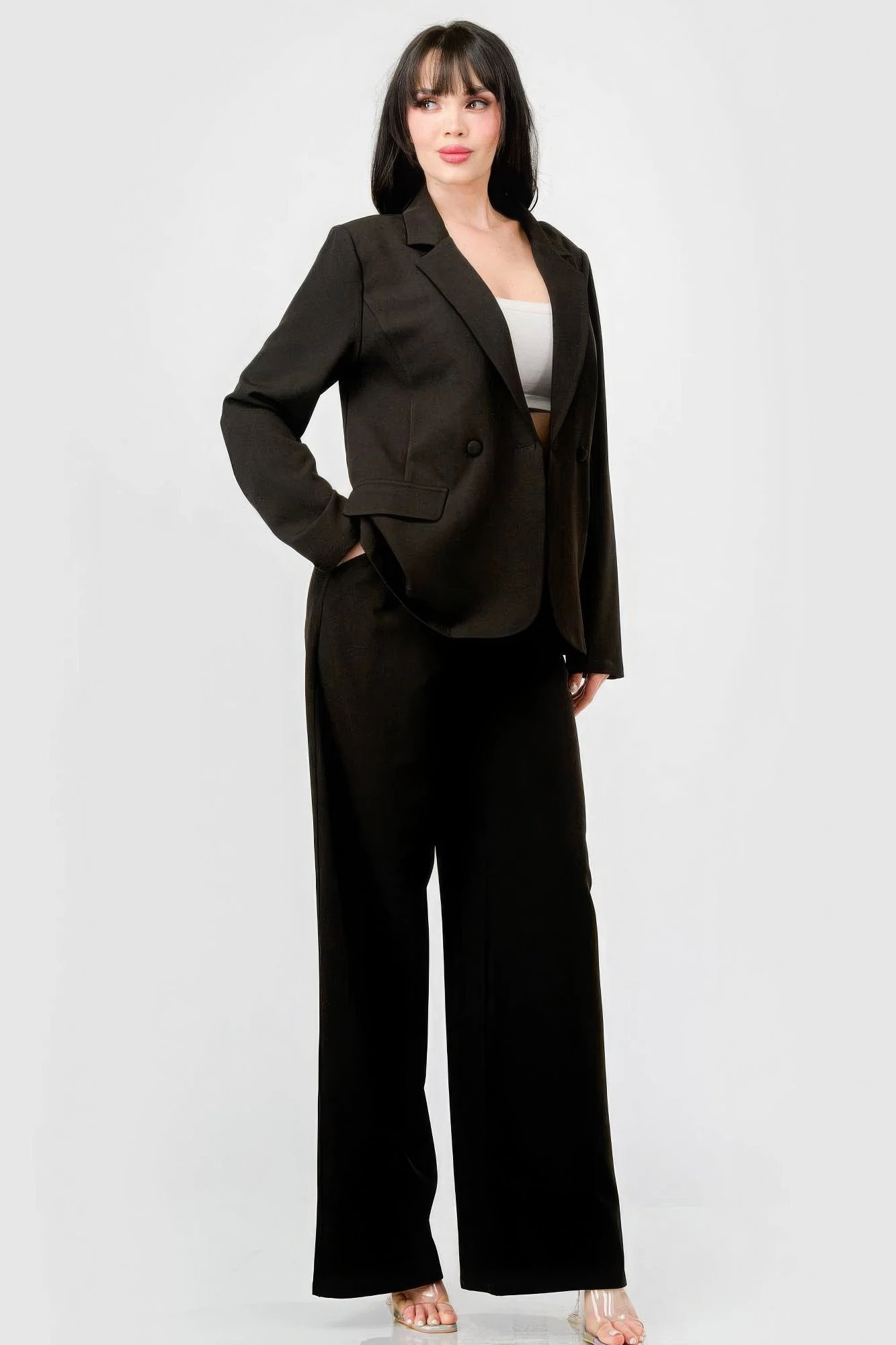 Luxe Stretch Woven Loose Fit Blazer And Wide Legs Pants Semi Formal Set - ShopEasier