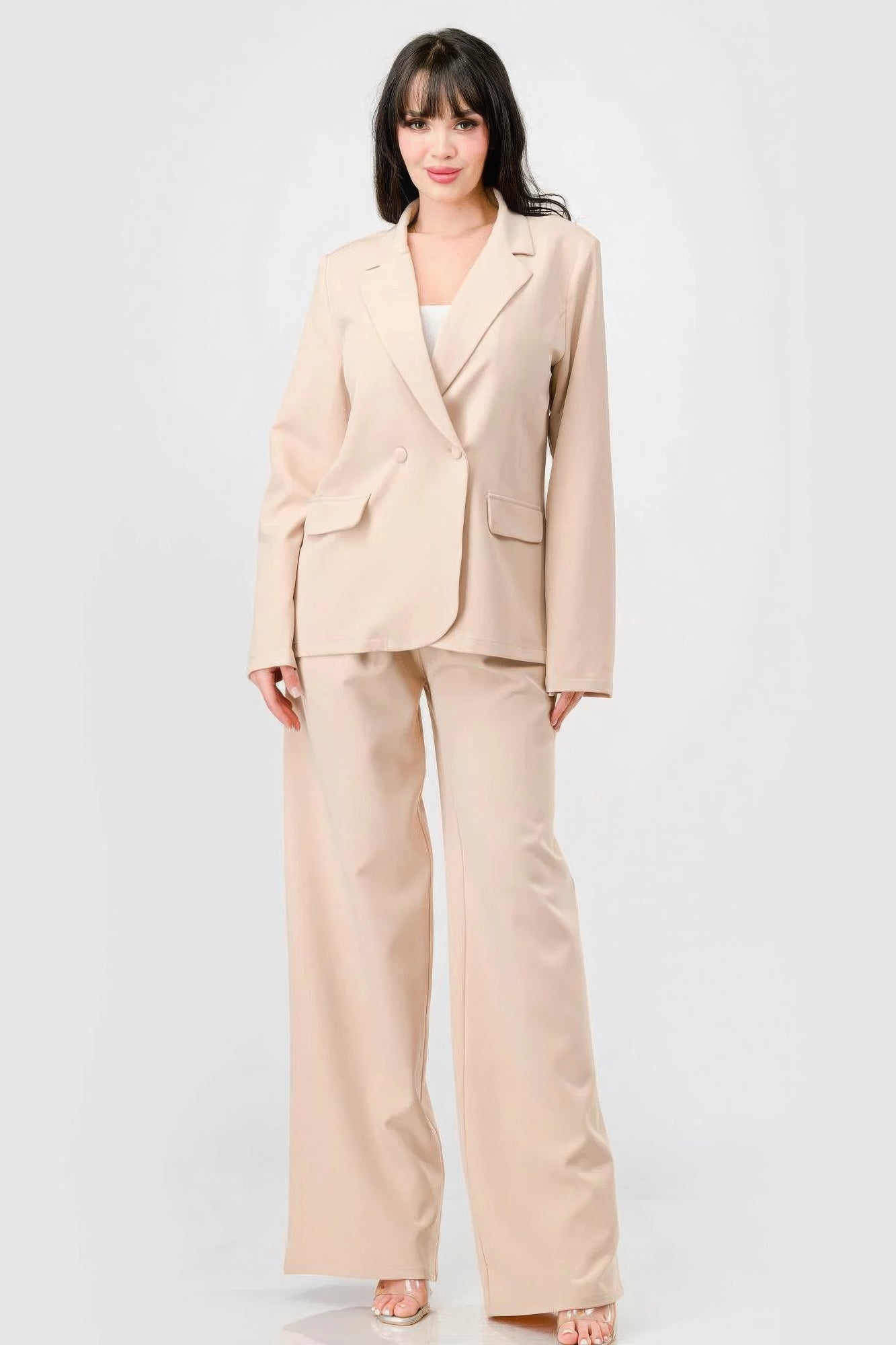 Luxe Stretch Woven Loose Fit Blazer And Wide Legs Pants Semi Formal Set - ShopEasier