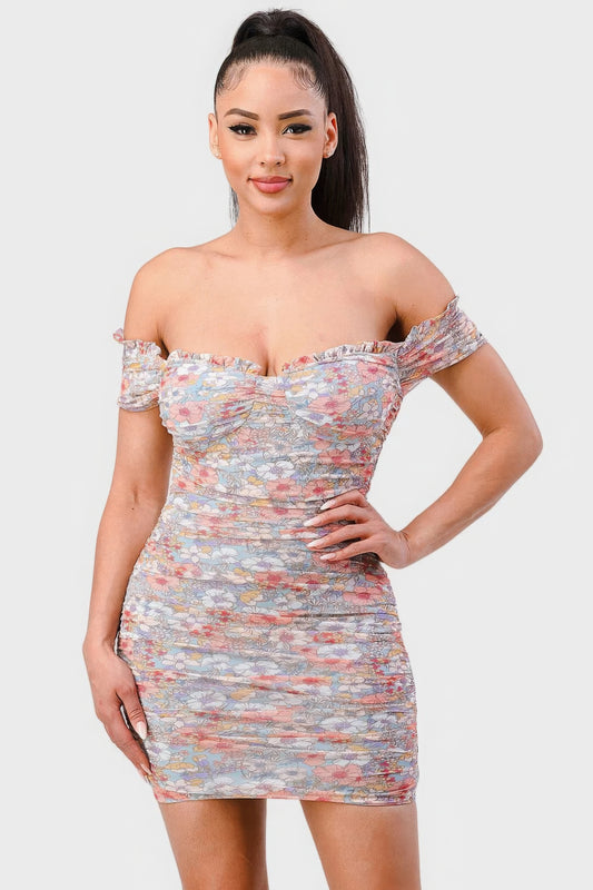 Floral Print Mesh Sweetheart Ruffled Off Shoulder Ruched Mini Dress - ShopEasier