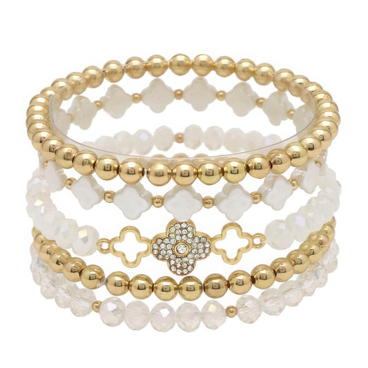 Clover Metal Pearl Rhinestone Stretch Bracelet Set - ShopEasier