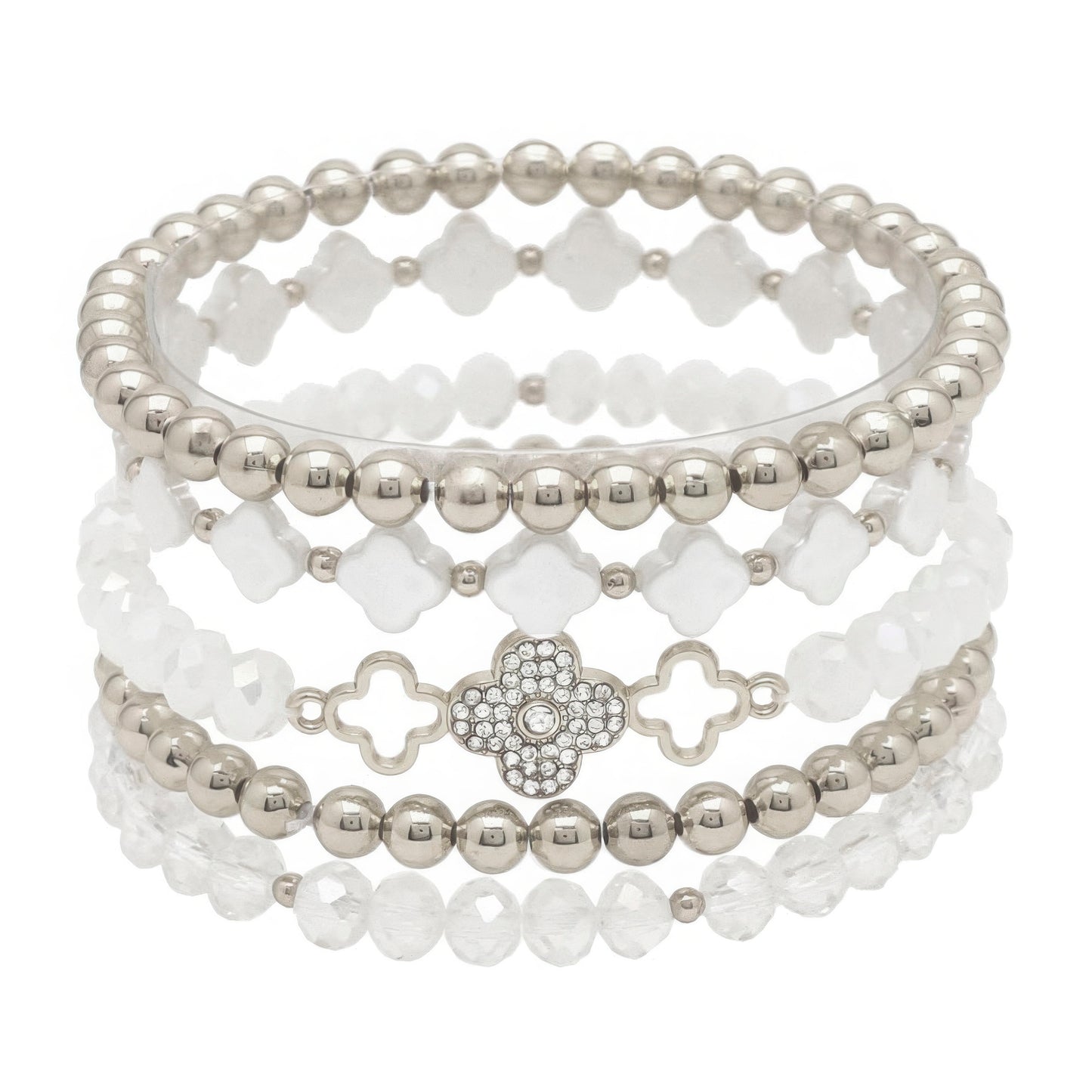 Clover Metal Pearl Rhinestone Stretch Bracelet Set - ShopEasier