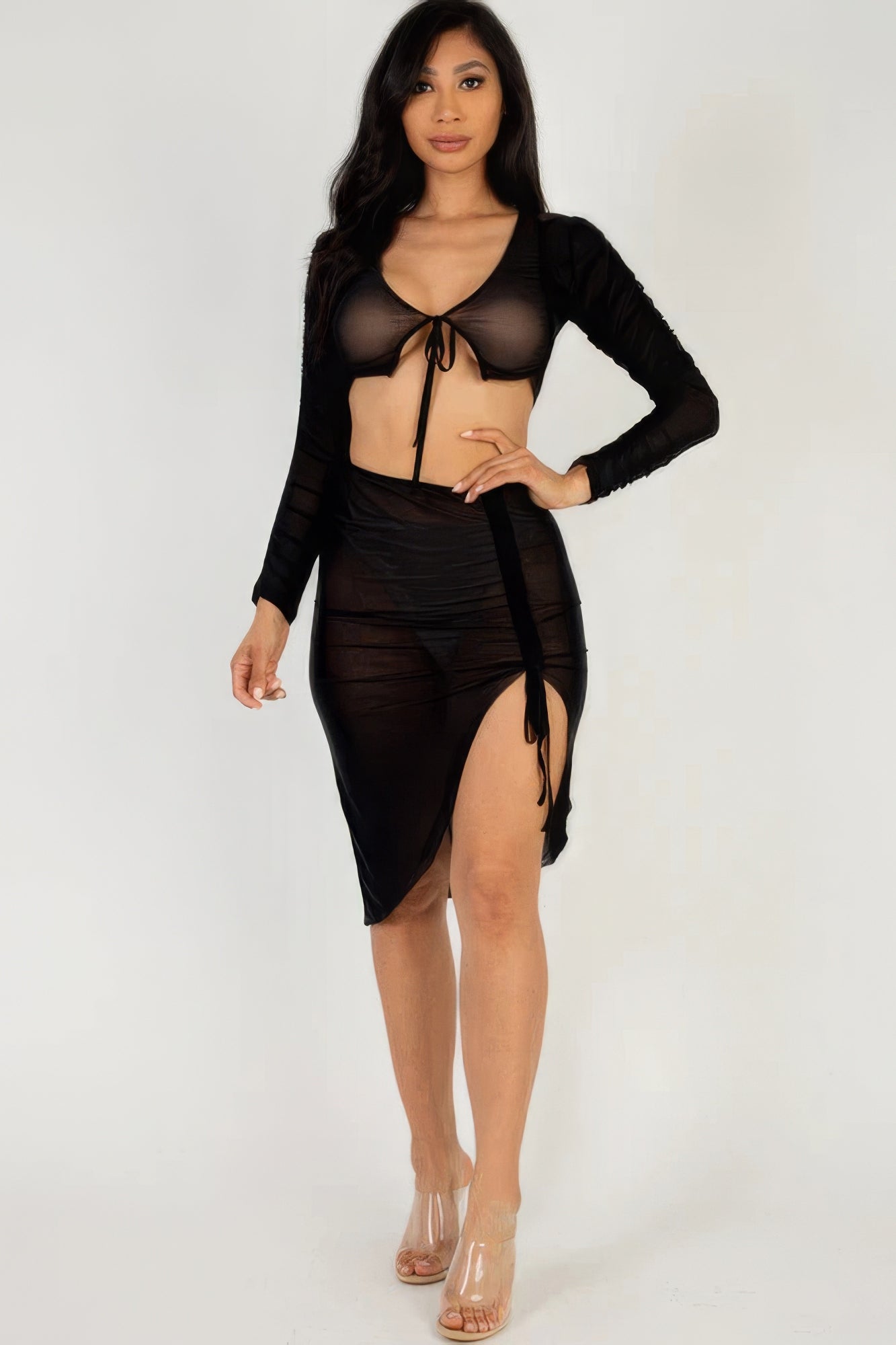 Sexy Sheer Mesh Drawstring Ruched Skirt - ShopEasier