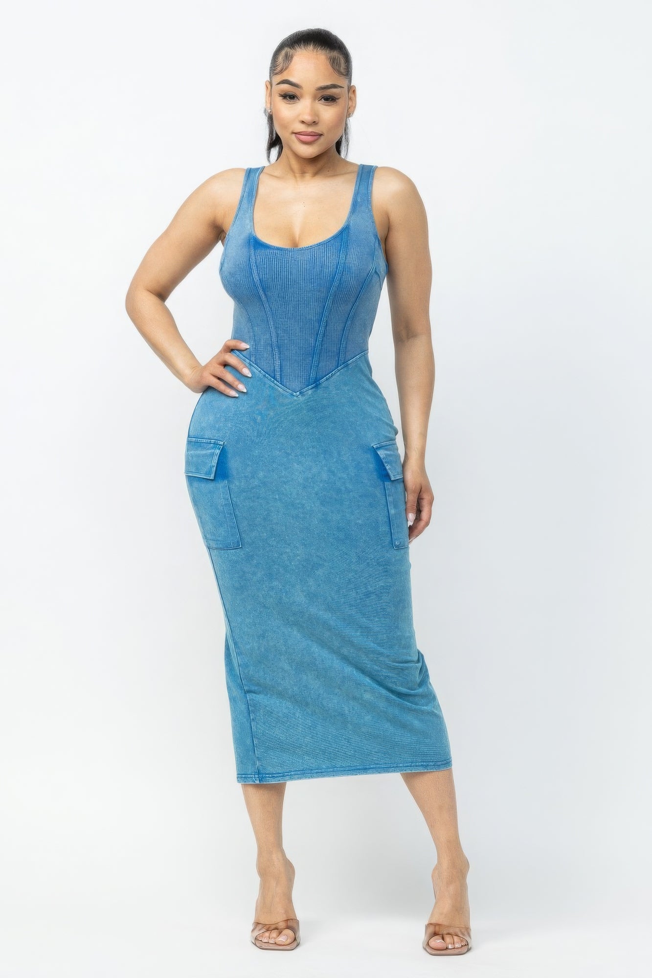 Acid Washed Cargo Midi Dress - ShopEasier