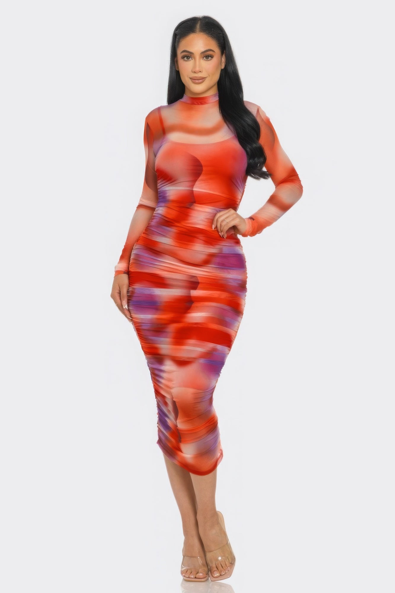 Summer Heat Print Mesh Ruched Midi Dress - ShopEasier