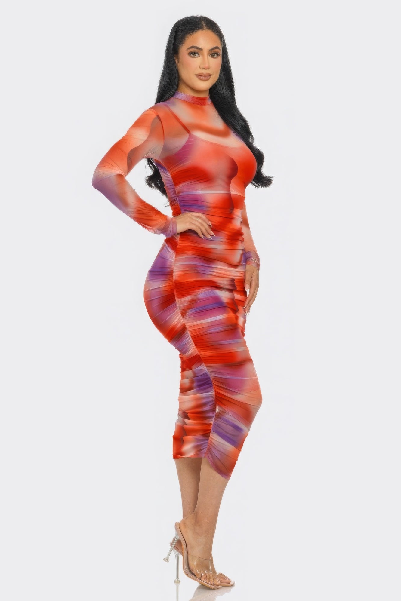 Summer Heat Print Mesh Ruched Midi Dress - ShopEasier