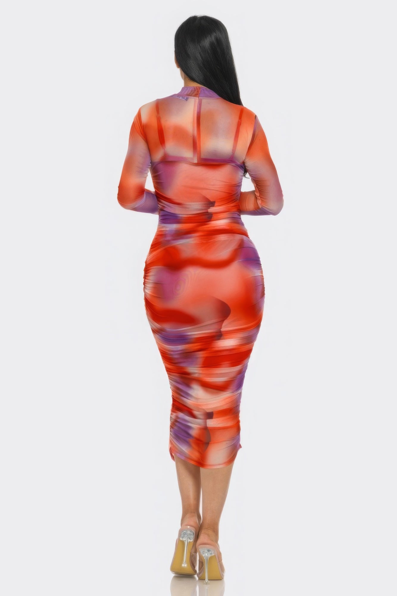 Summer Heat Print Mesh Ruched Midi Dress - ShopEasier