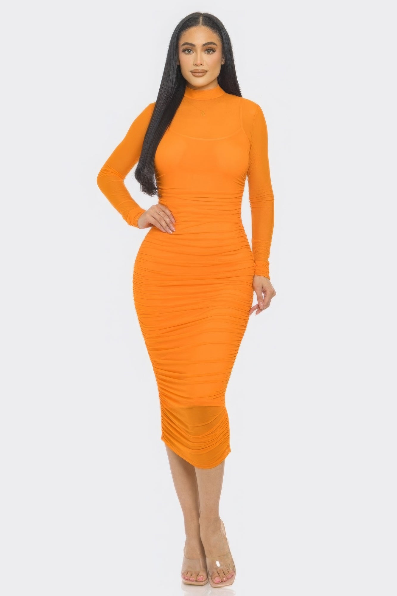 Solid Mesh Ruched Midi Dress - ShopEasier