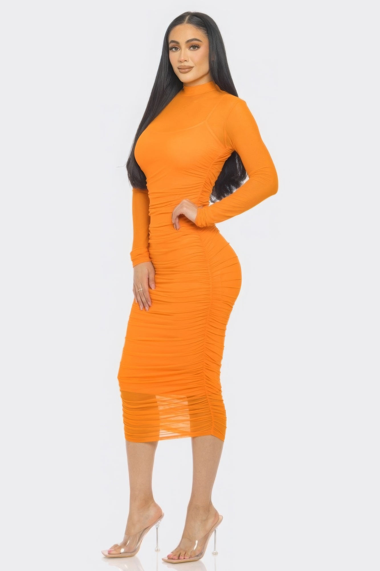 Solid Mesh Ruched Midi Dress - ShopEasier