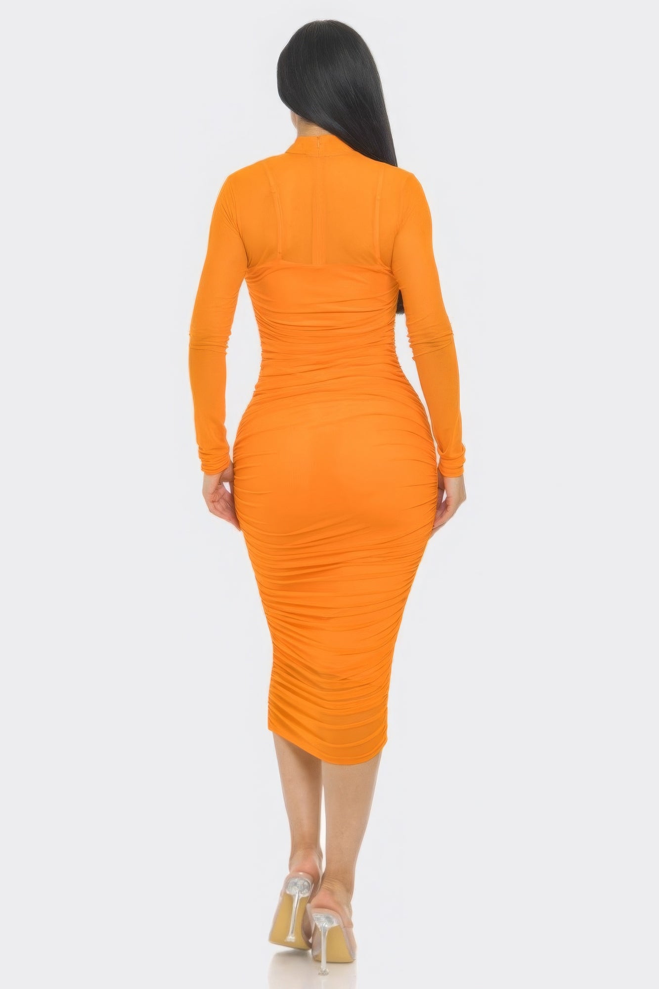 Solid Mesh Ruched Midi Dress - ShopEasier