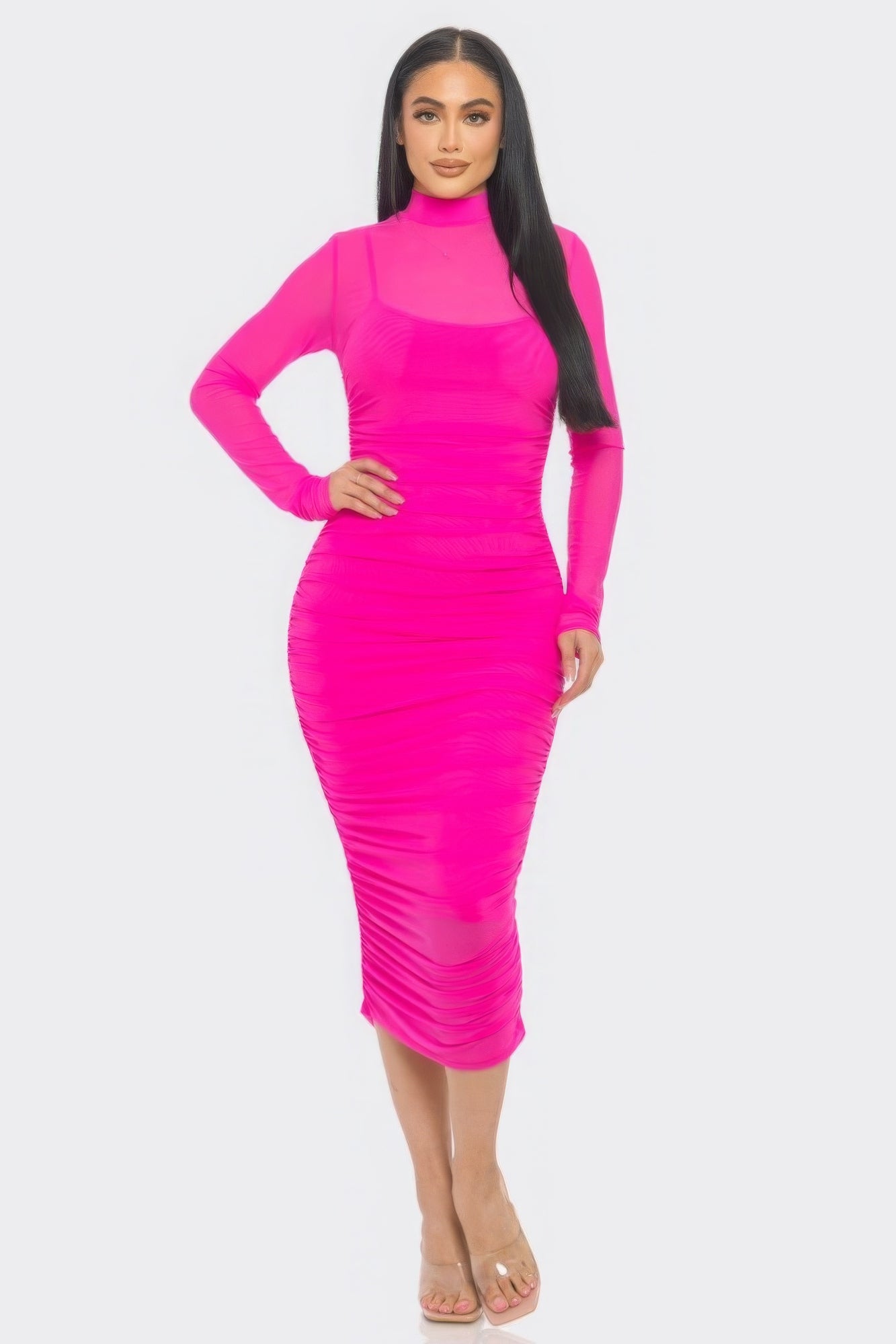 Solid Mesh Ruched Midi Dress - ShopEasier