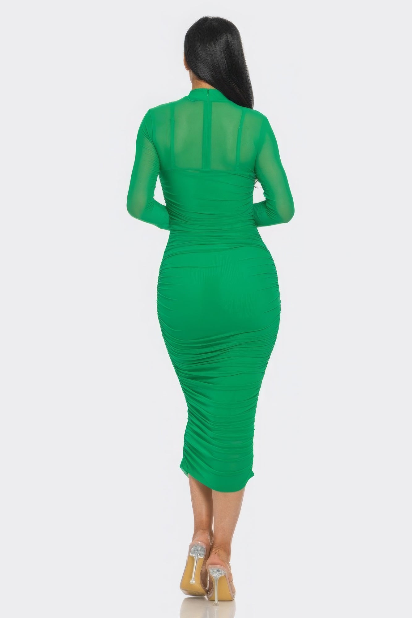 Solid Mesh Ruched Midi Dress - ShopEasier