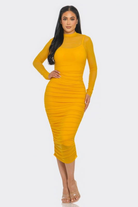 Solid Mesh Ruched Midi Dress - ShopEasier