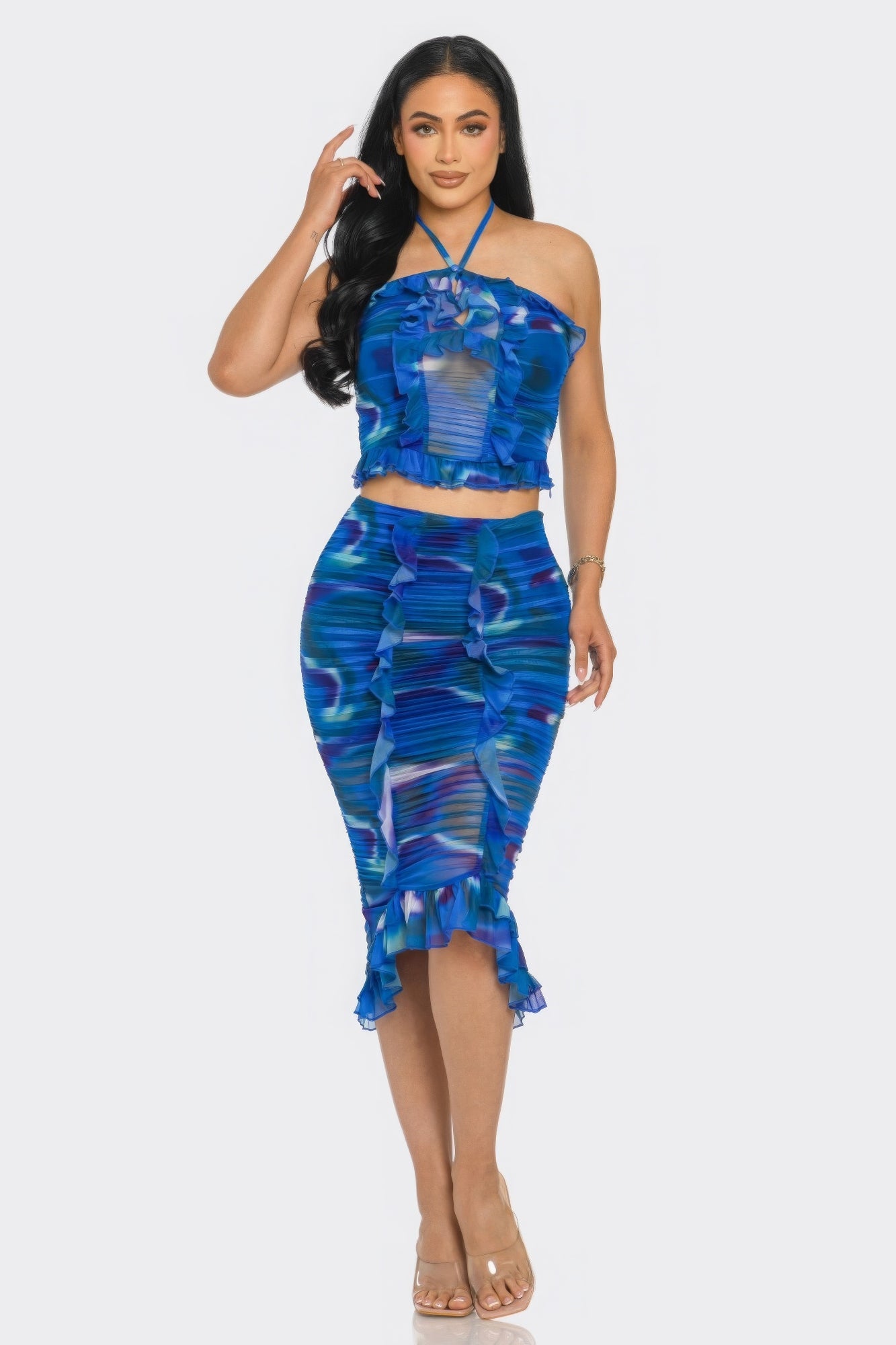 Tropical Waters Print Mesh Ruffle Halter Skirt Set - ShopEasier