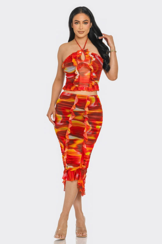 Tropical Waters Print Mesh Ruffle Halter Skirt Set - ShopEasier