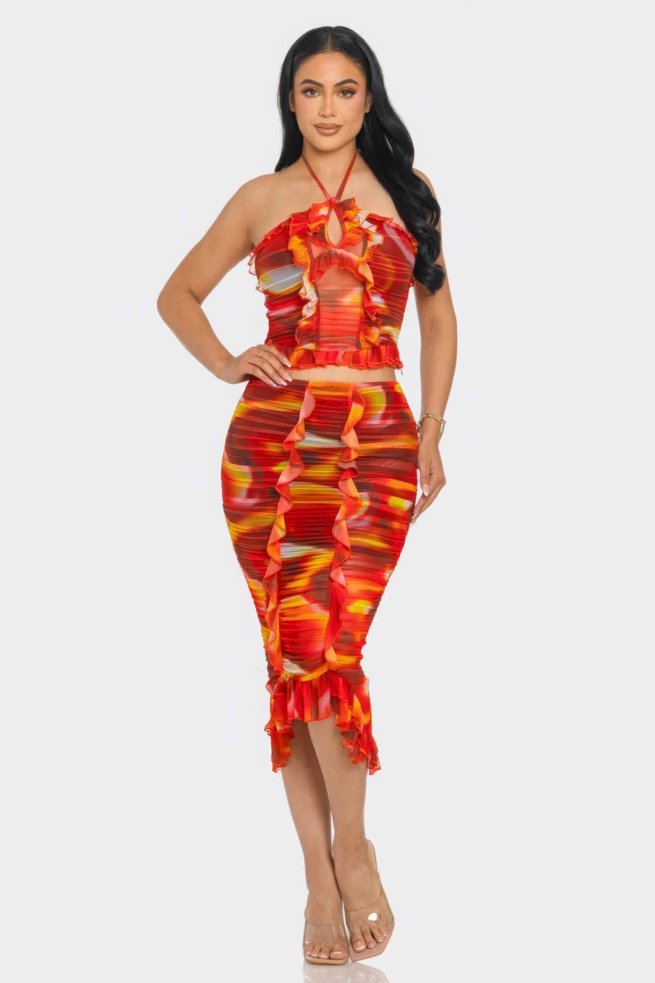 Tropical Waters Print Mesh Ruffle Halter Skirt Set - ShopEasier