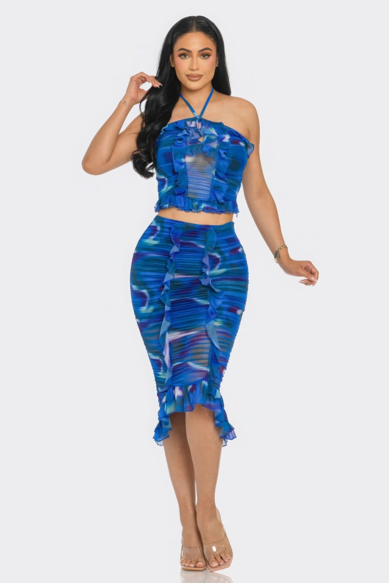 Tropical Waters Print Mesh Ruffle Halter Skirt Set - ShopEasier