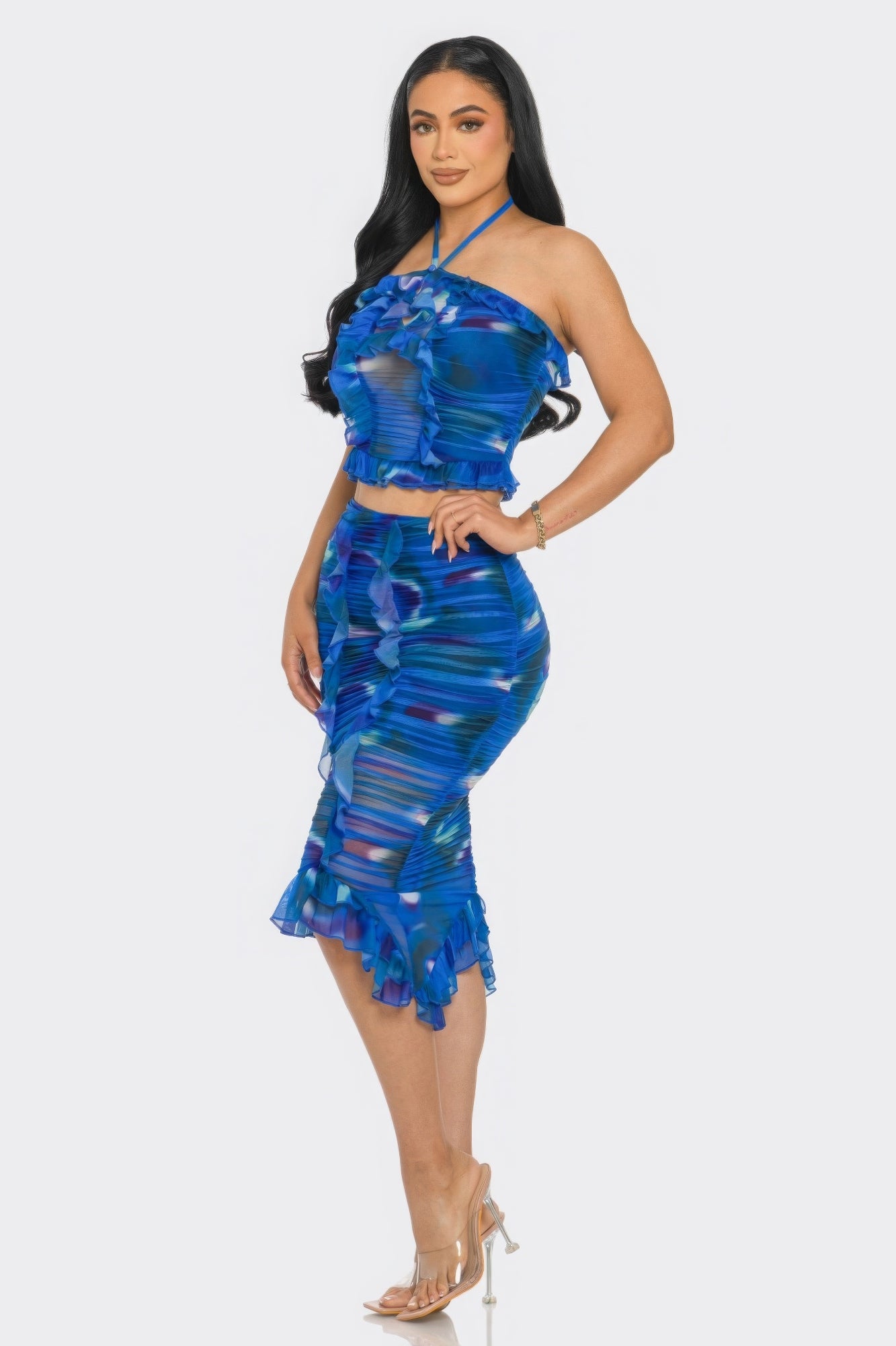 Tropical Waters Print Mesh Ruffle Halter Skirt Set - ShopEasier