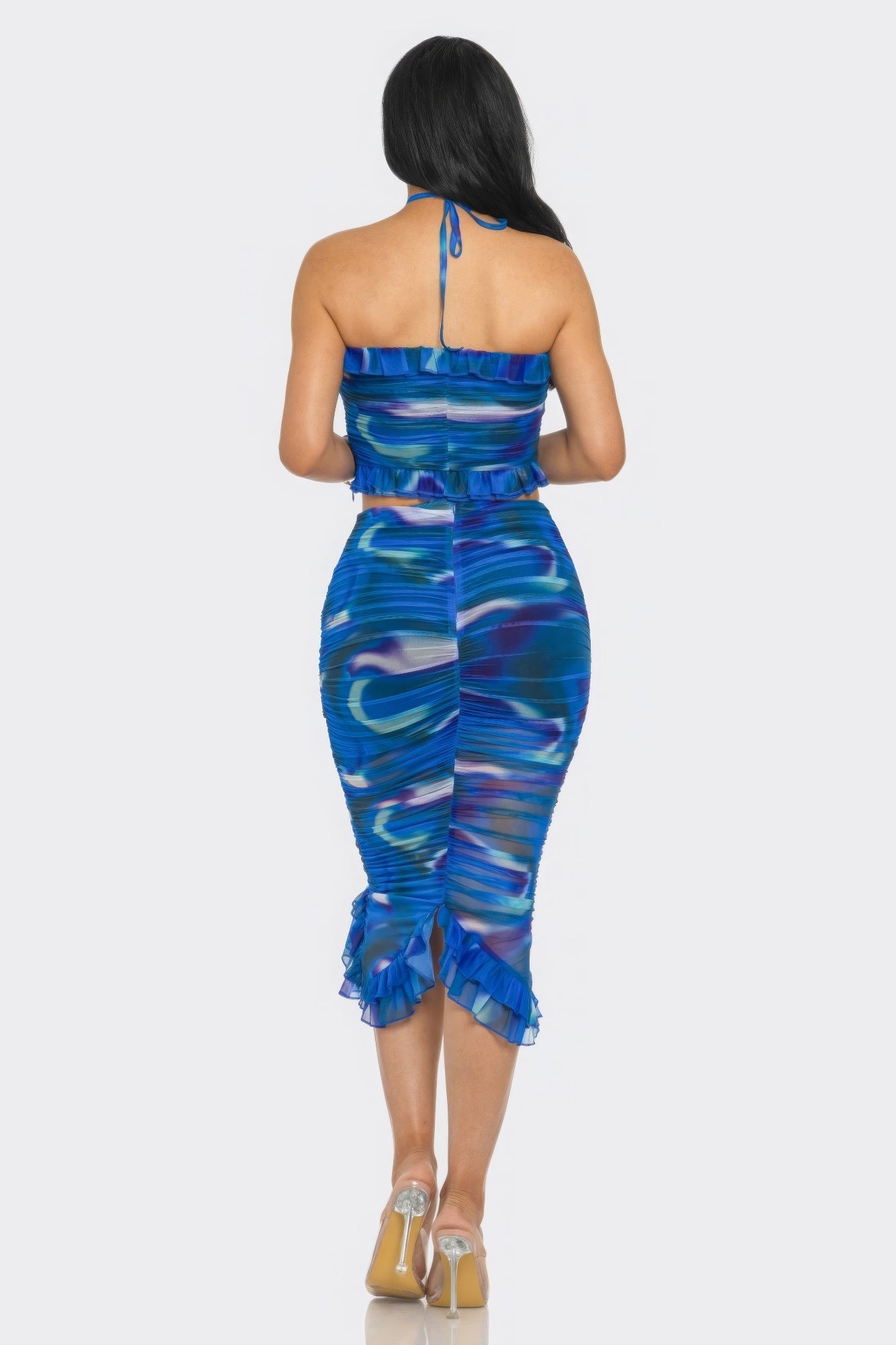 Tropical Waters Print Mesh Ruffle Halter Skirt Set - ShopEasier