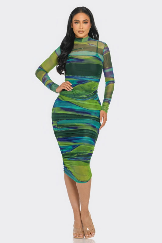 Glitch Print Mesh Ruched Midi Dress - ShopEasier