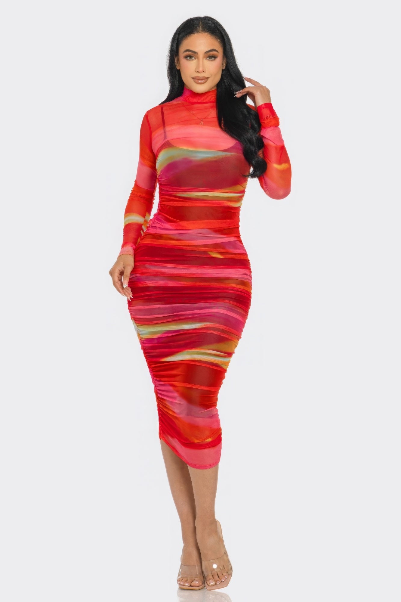 Glitch Print Mesh Ruched Midi Dress - ShopEasier