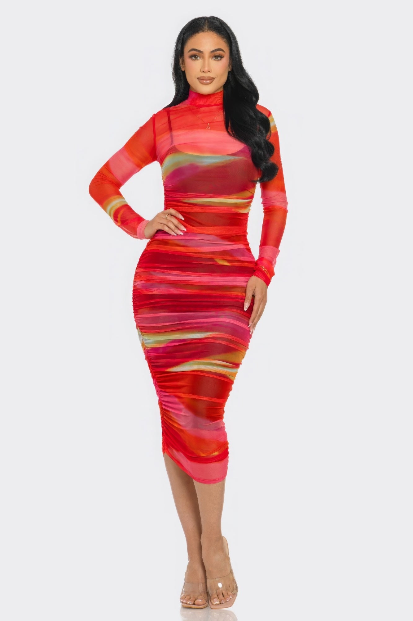 Glitch Print Mesh Ruched Midi Dress - ShopEasier