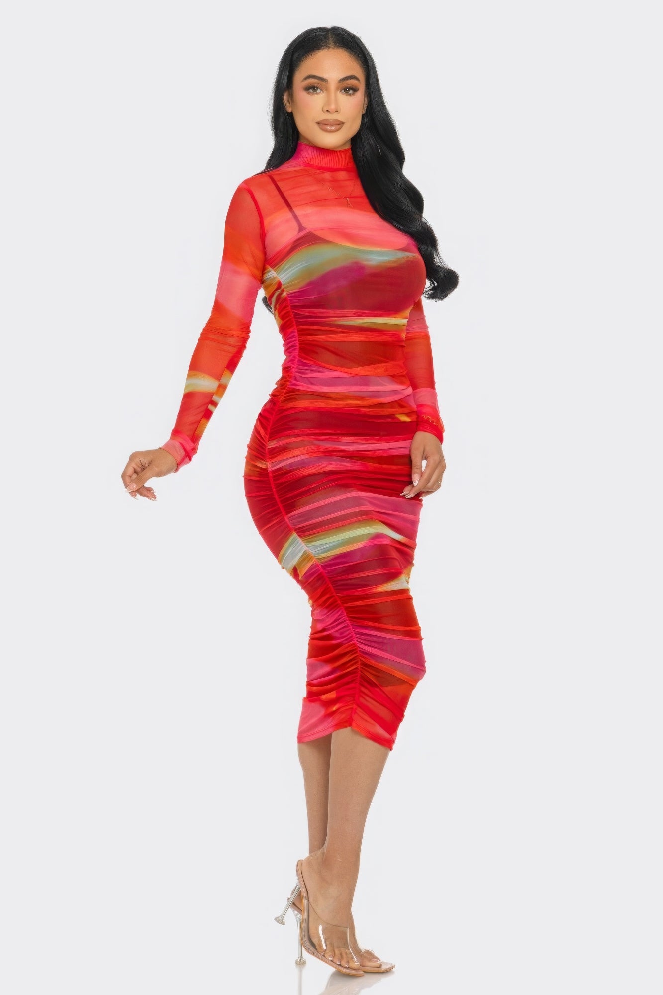 Glitch Print Mesh Ruched Midi Dress - ShopEasier