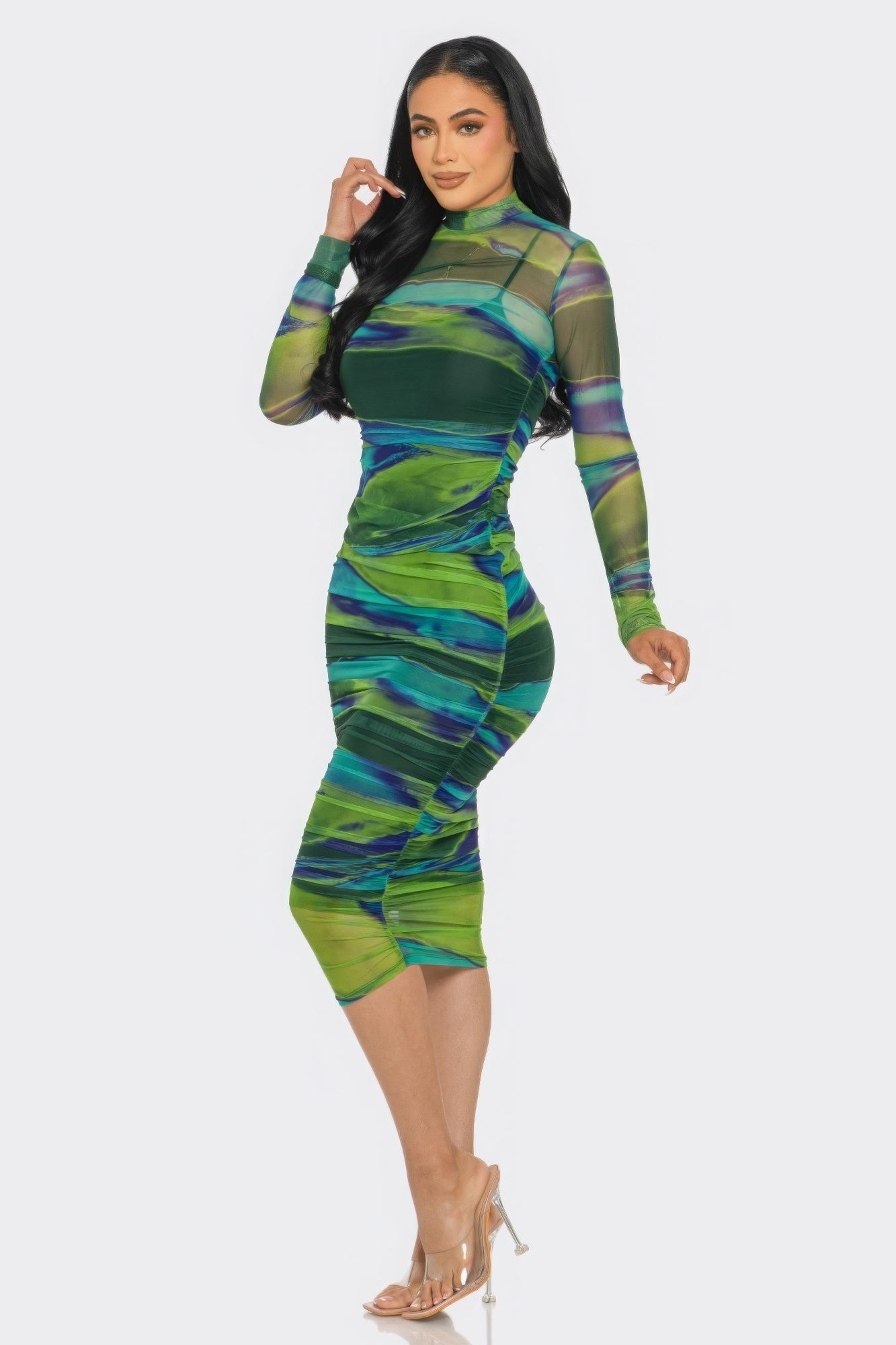 Glitch Print Mesh Ruched Midi Dress - ShopEasier