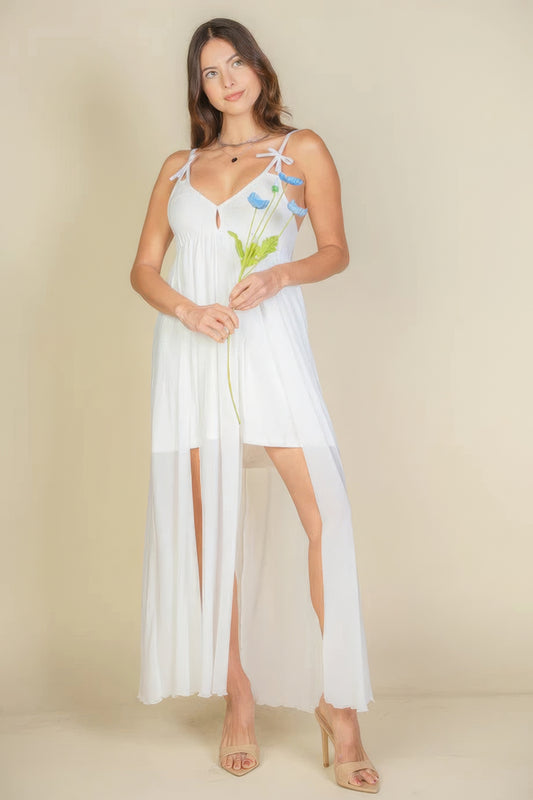 Plunge Neck Split Thigh Mesh Maxi Dress - ShopEasier