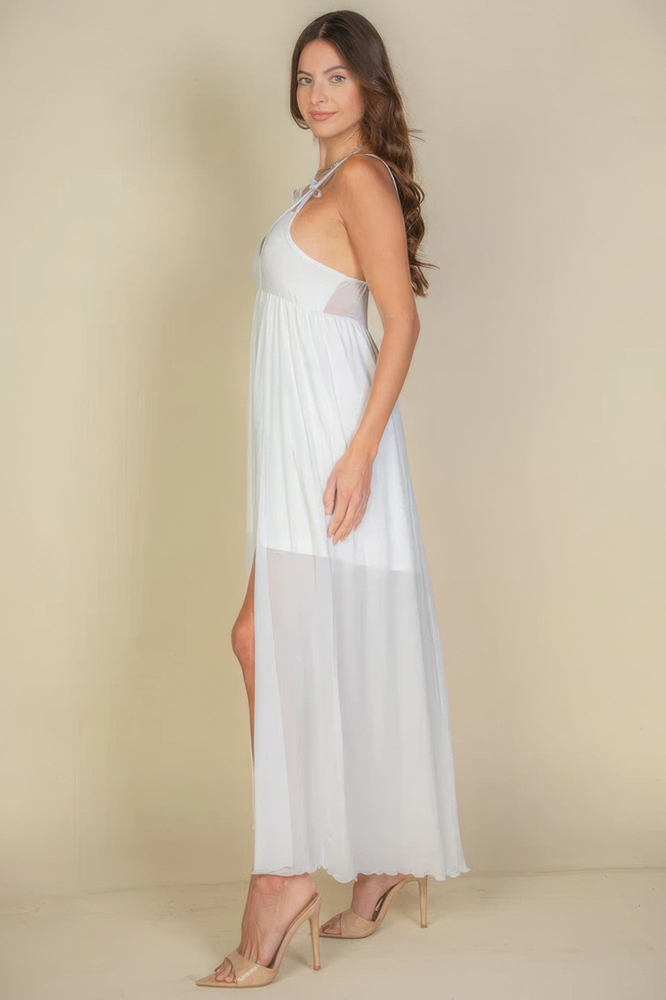 Plunge Neck Split Thigh Mesh Maxi Dress - ShopEasier