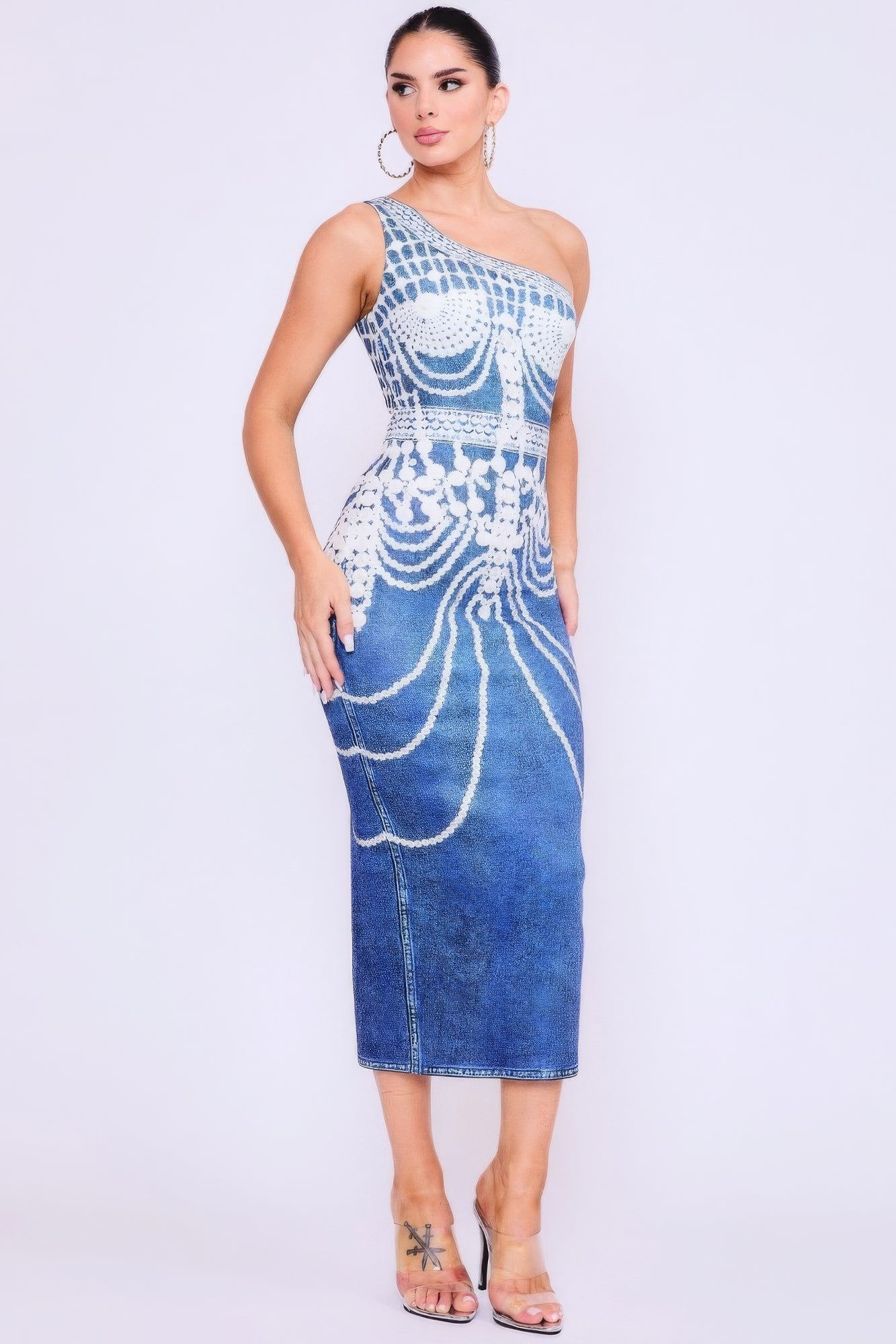 One Shoulder Denim Print Dress - ShopEasier