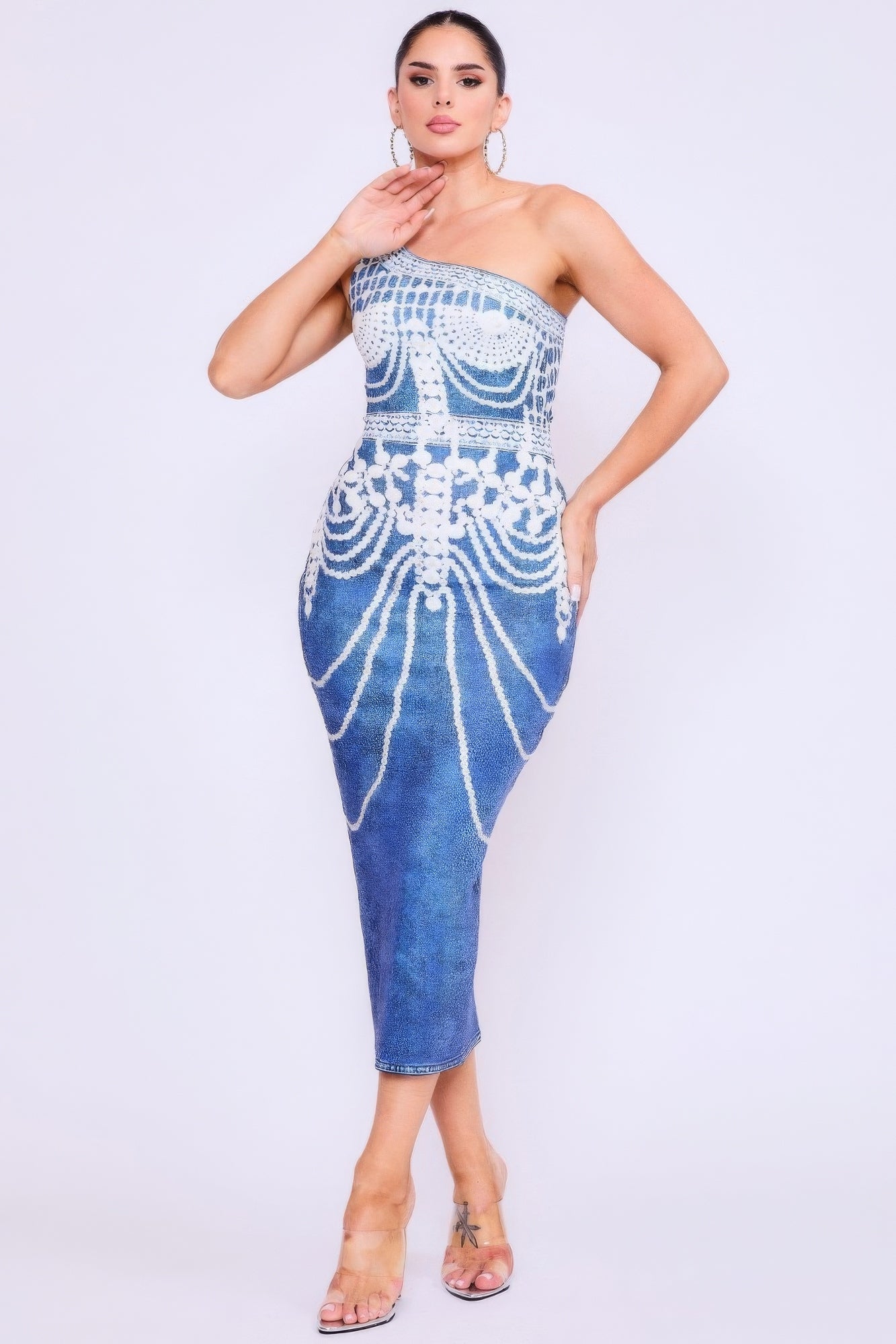 One Shoulder Denim Print Dress - ShopEasier