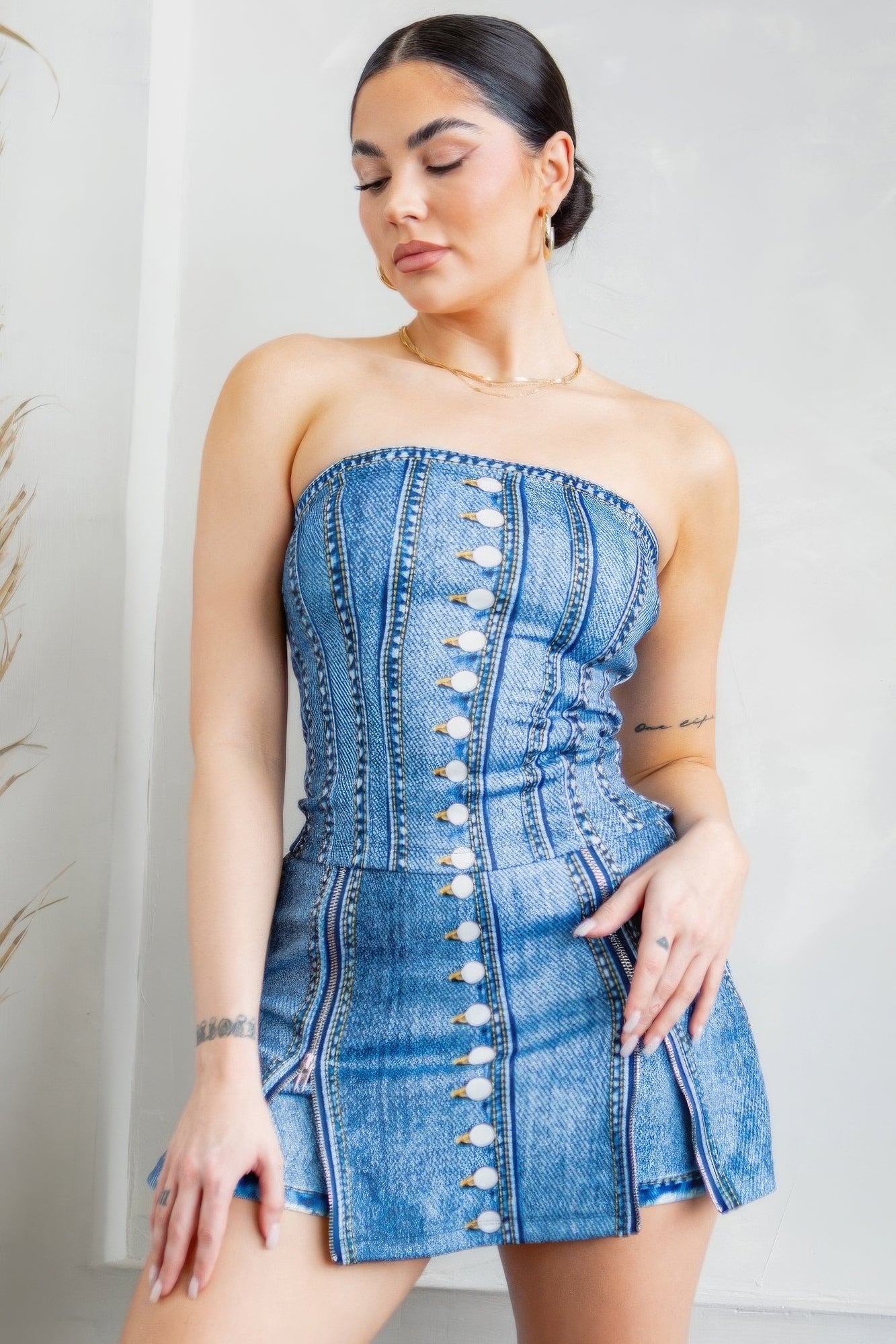 Denim Effect Corset Top & Bottom Set - ShopEasier