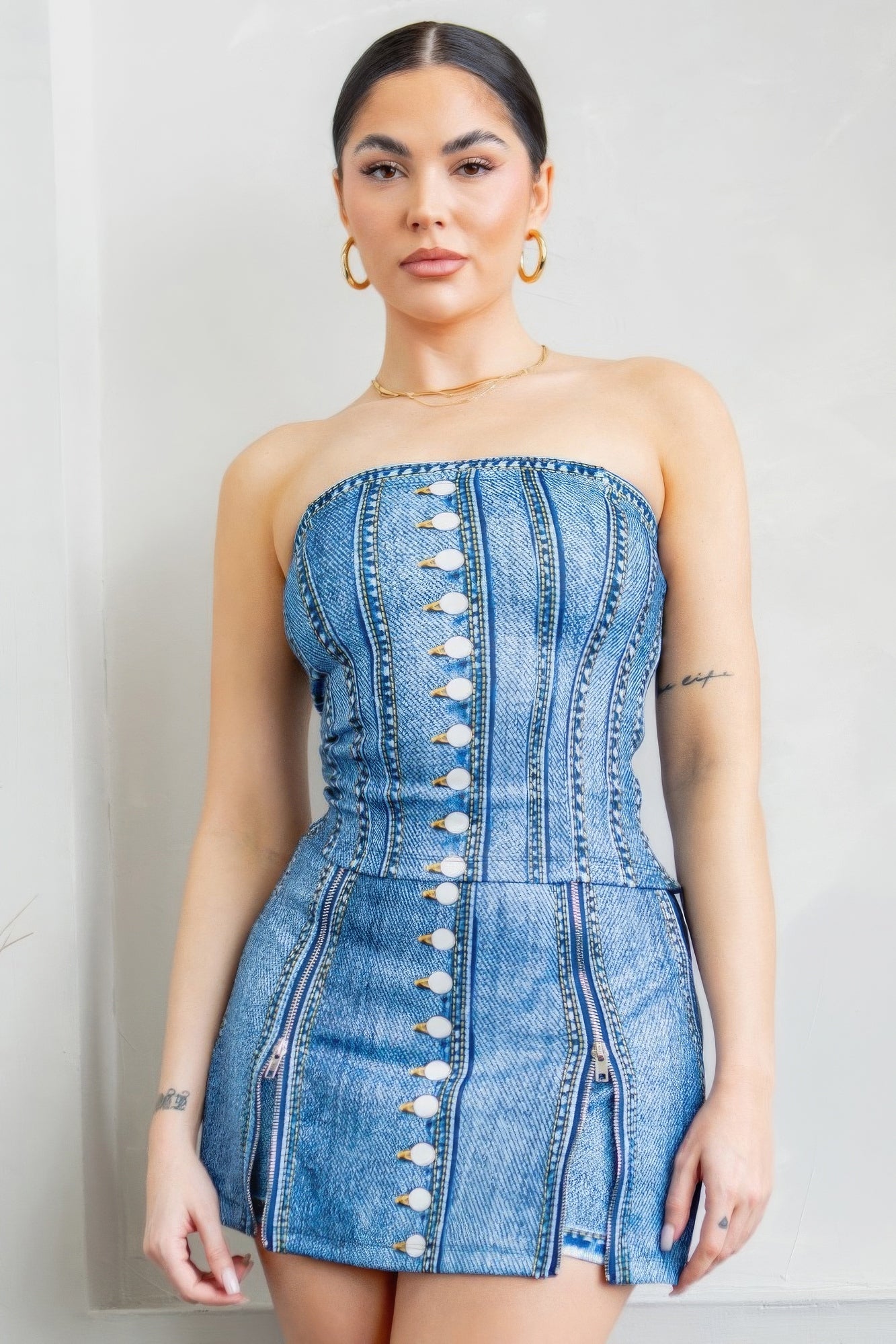 Denim Effect Corset Top & Bottom Set - ShopEasier