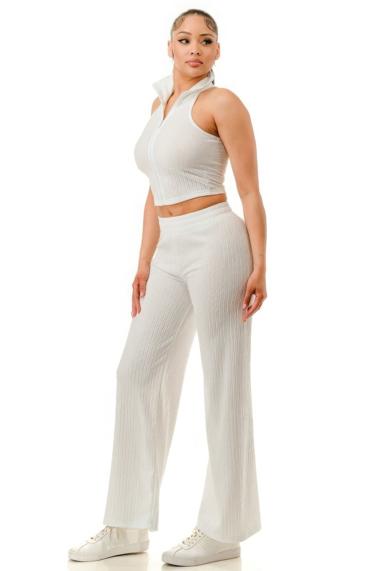 Crinkle Wide Pants Set Zipper - ShopEasier