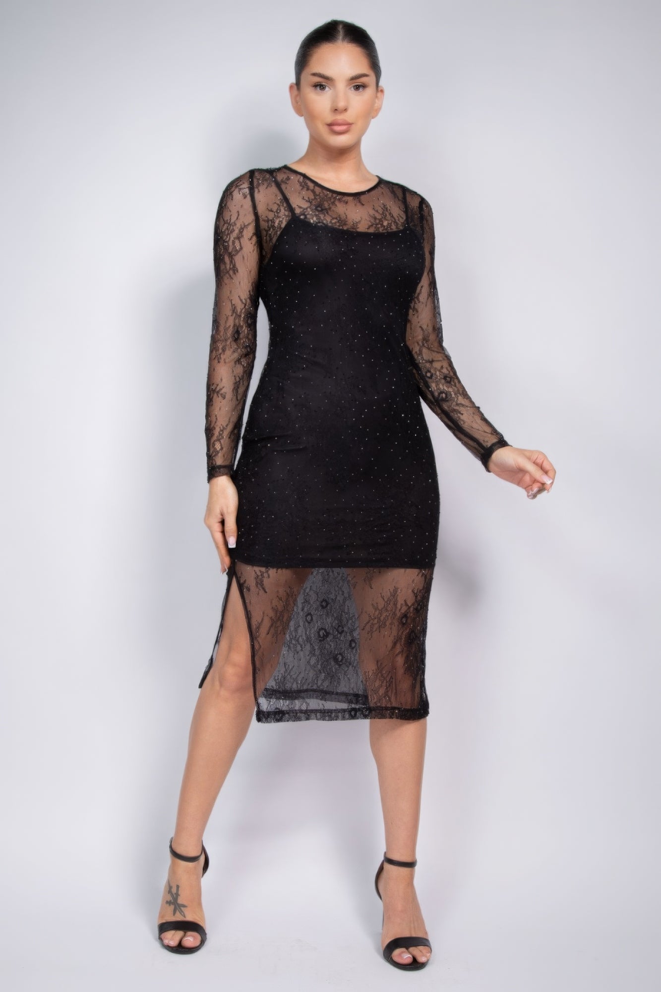 Lace Rhinestone-studded Slit Midi Dress - ShopEasier