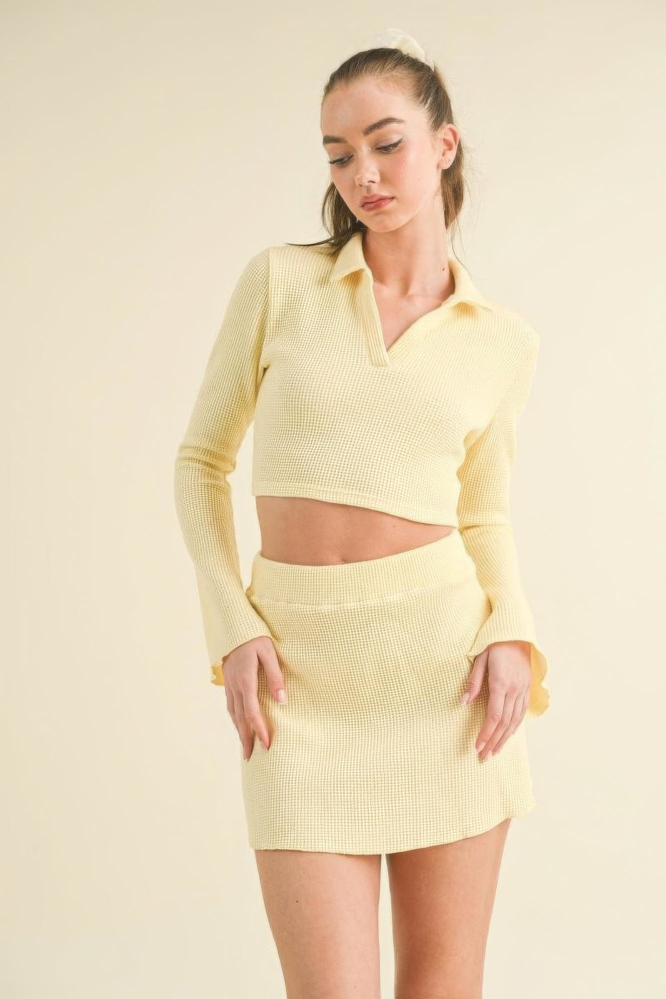 Waffle Knit Bell Sleeve Top And Skirt Set - ShopEasier