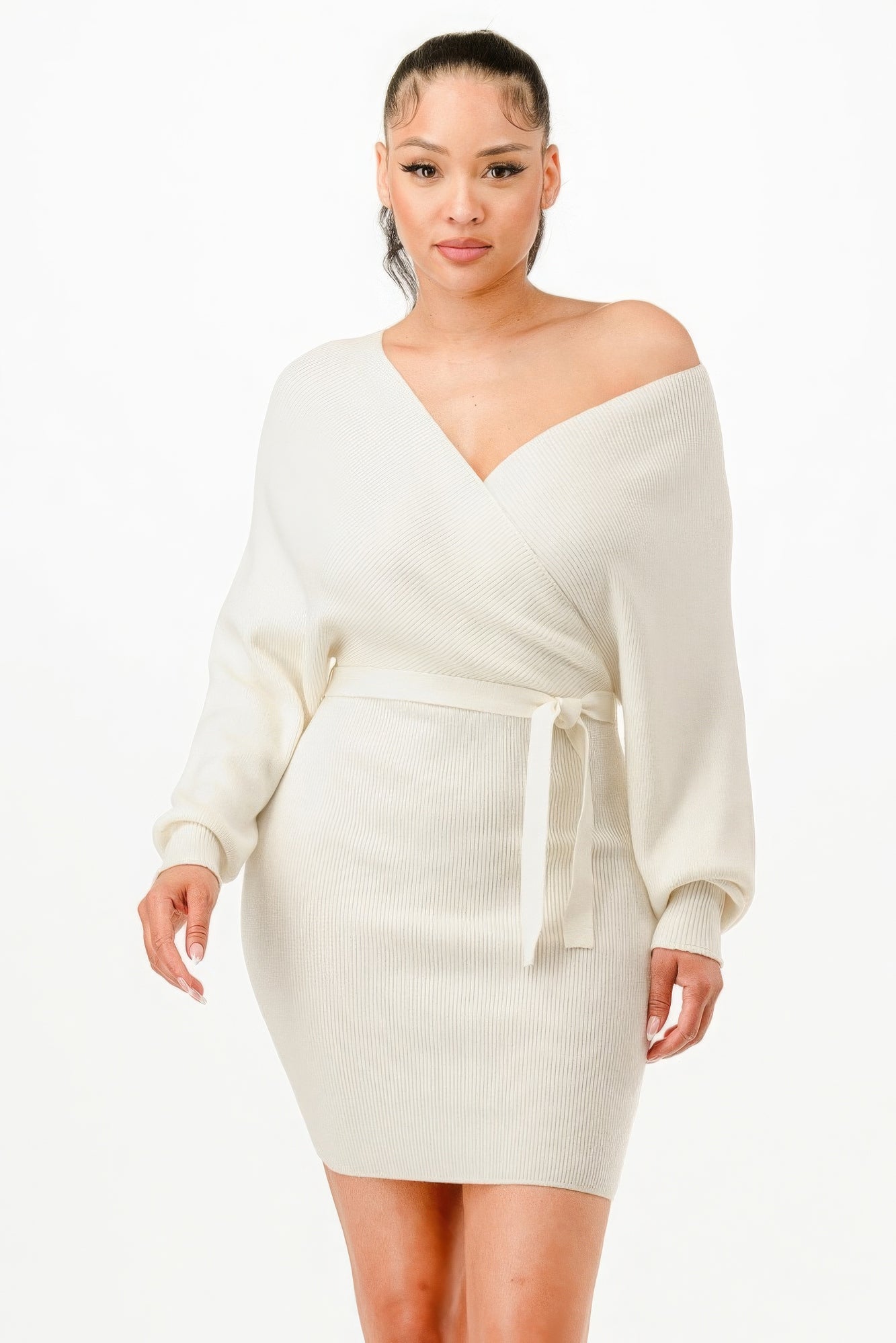 Off Shoulder Wrap Belted Ribbed Sweather Dress - ShopEasier