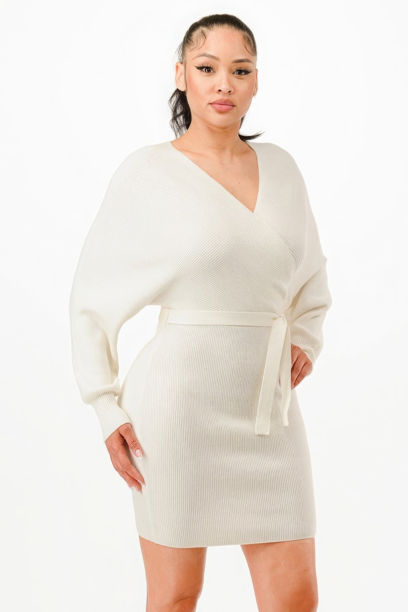 Off Shoulder Wrap Belted Ribbed Sweather Dress - ShopEasier