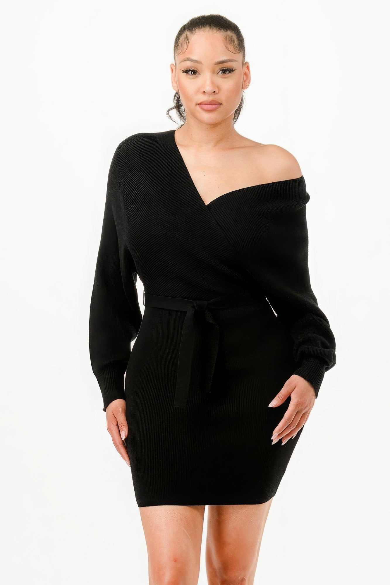 Off Shoulder Wrap Belted Ribbed Sweather Dress - ShopEasier