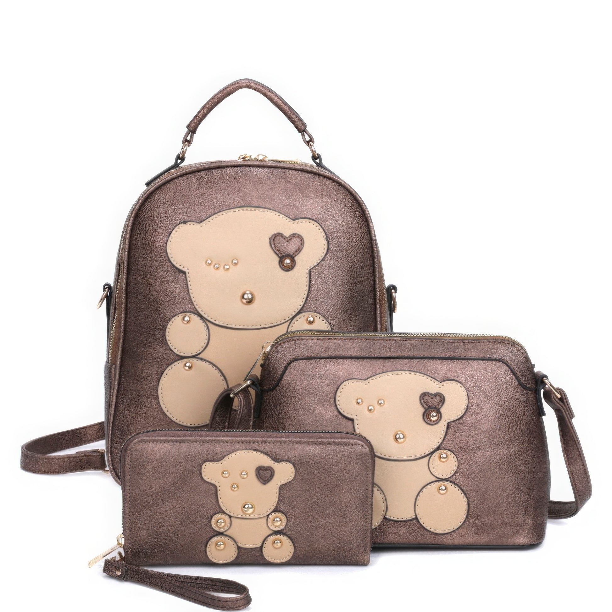 3in1 Cute Bear Design Handle Backpack W Crossbody And Wallet Set - ShopEasier