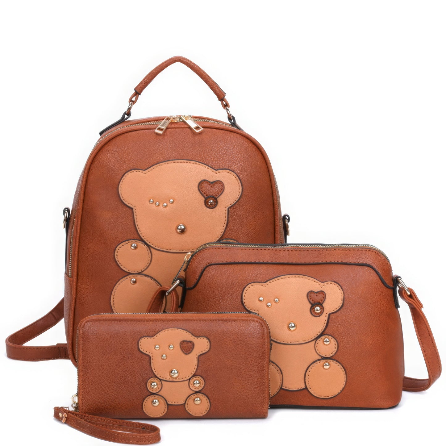 3in1 Cute Bear Design Handle Backpack W Crossbody And Wallet Set - ShopEasier