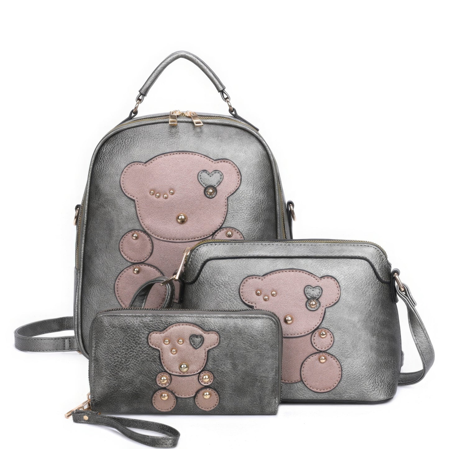 3in1 Cute Bear Design Handle Backpack W Crossbody And Wallet Set - ShopEasier