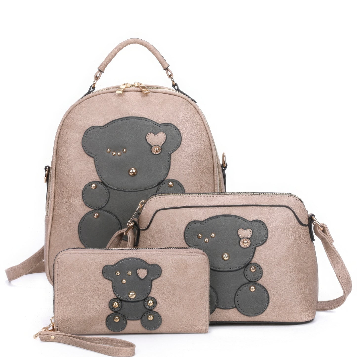 3in1 Cute Bear Design Handle Backpack W Crossbody And Wallet Set - ShopEasier